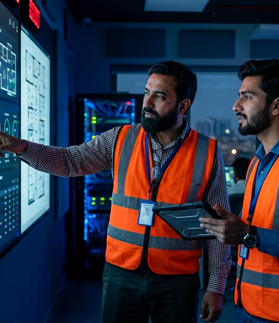 Altronics engineers reviewing a building management dashboard